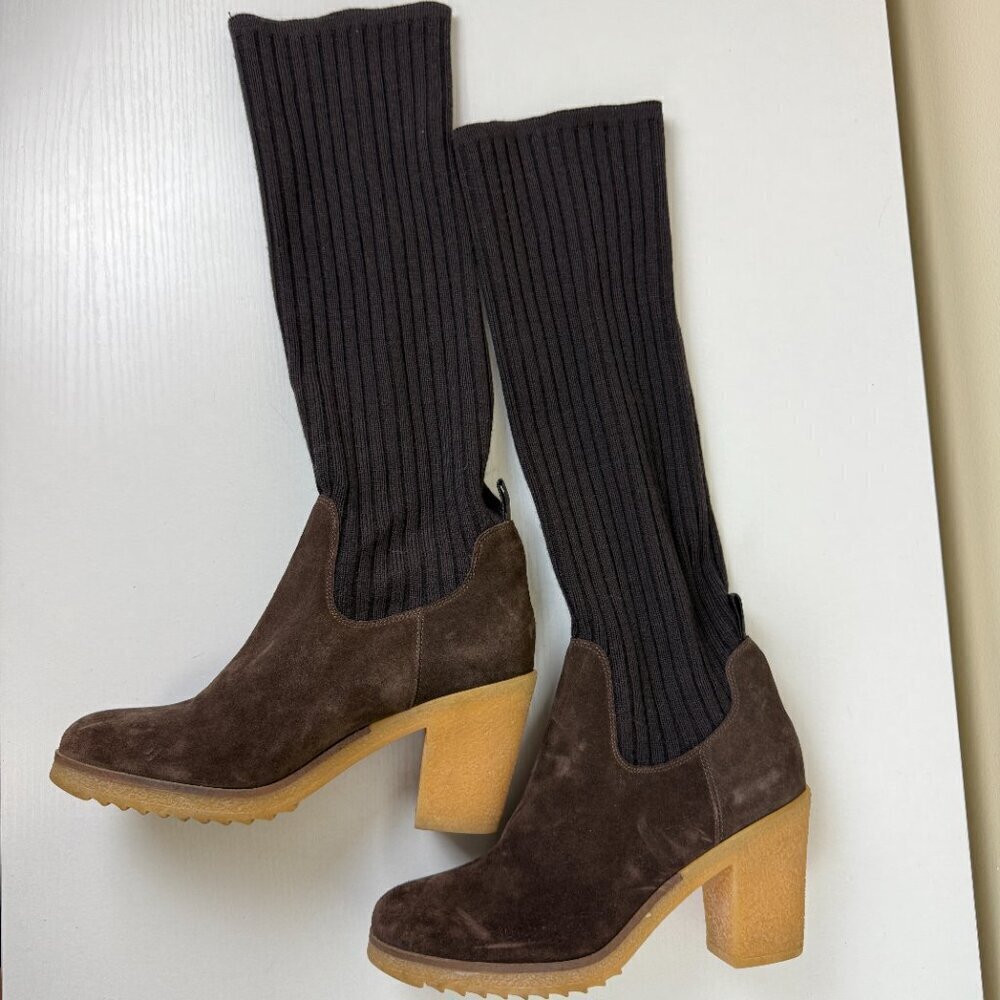 Miss Albright Anthropologie Brown Suede Sock Sweater Heeled Boots